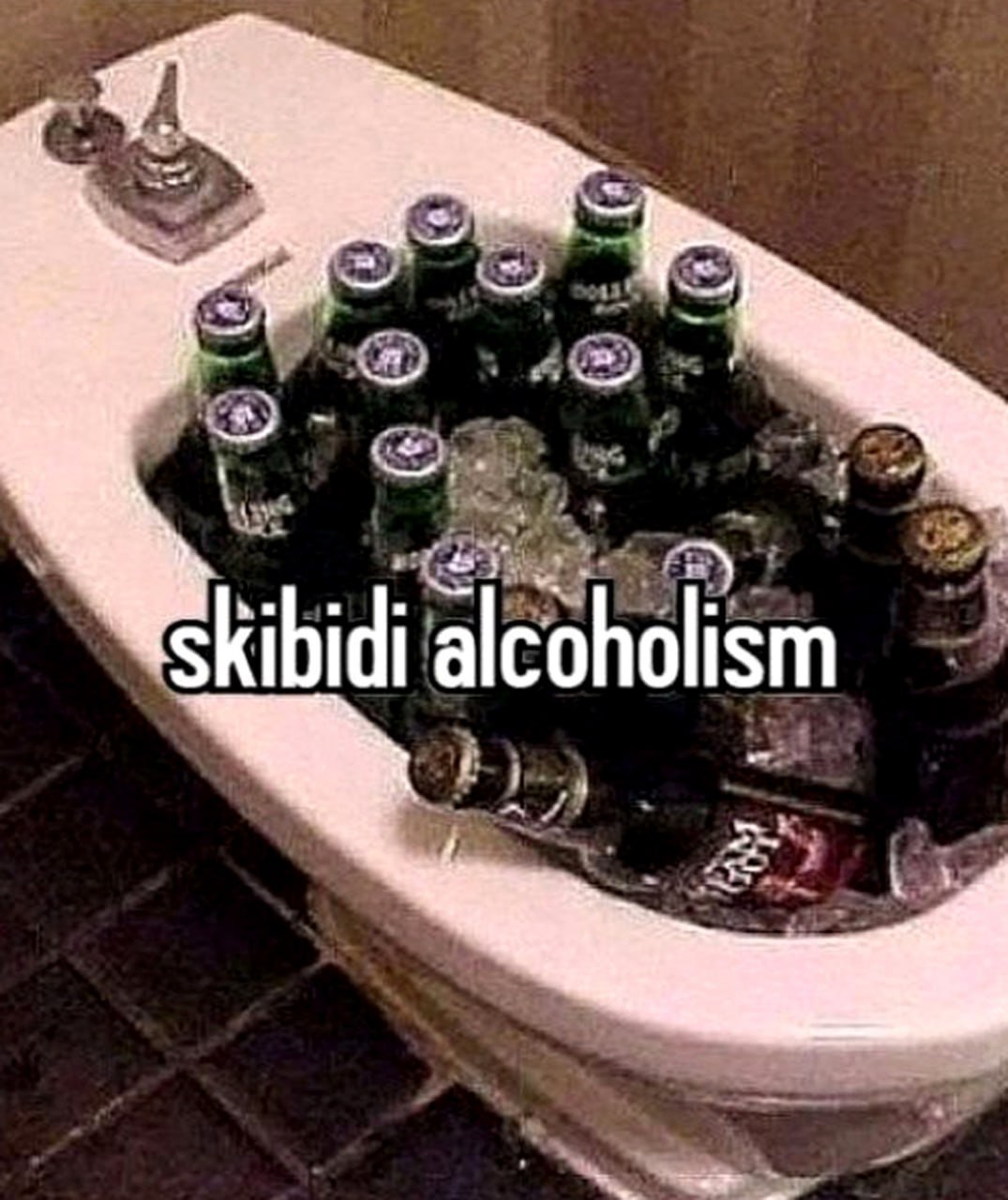 Skibidi alcoholism Унитаз, наполненный алкогольными напитками со льдом, с надписью «Skibidi alcoholism»