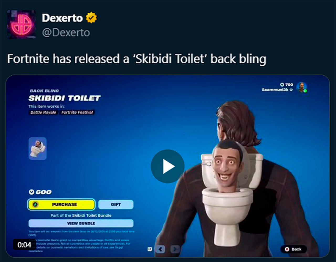 Skibidi Toilet в Fortnite Скриншот из игры Fortnite, демонстрирующий новый предмет Skibidi Toilet, который можно приобрести.