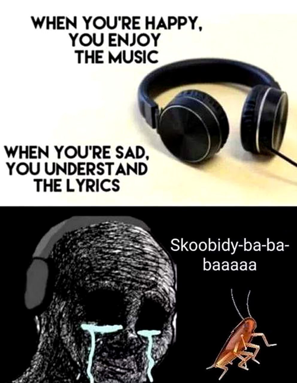 Skoobidy-ba-ba-baaaaa Мем про то, как грустный человек "понимает" слова песни "Skoobidy-ba-ba-baaaaa" и плачет