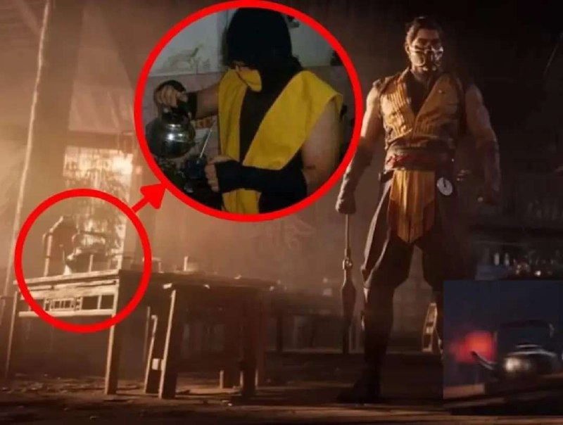 Скорпион готовит чайник Скорпион из игры Mortal Kombat готовит чайник на фоне компьютерной графики, используя реальный чайник в реальной комнате, что показано на увеличенном фрагменте изображения, обведенном красным кругом. В другом красном круге показан этот же чайник, стоящий на столе в виртуальной комнате. Изображение также включает в себя еще один фрагмент, увеличенный и обведенный красным кругом, где можно увидеть чайник, стоящий на столе в игре, и третий фрагмент, на котором изображен крупный план чайника, стоящего на плите.