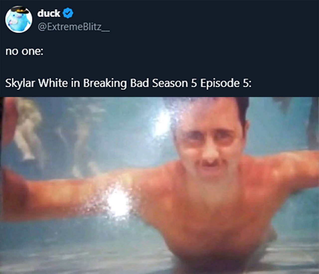 Скайлер Уайт в Breaking Bad Мем про Скайлер Уайт из сериала Breaking Bad и мужчину, плывущего под водой
