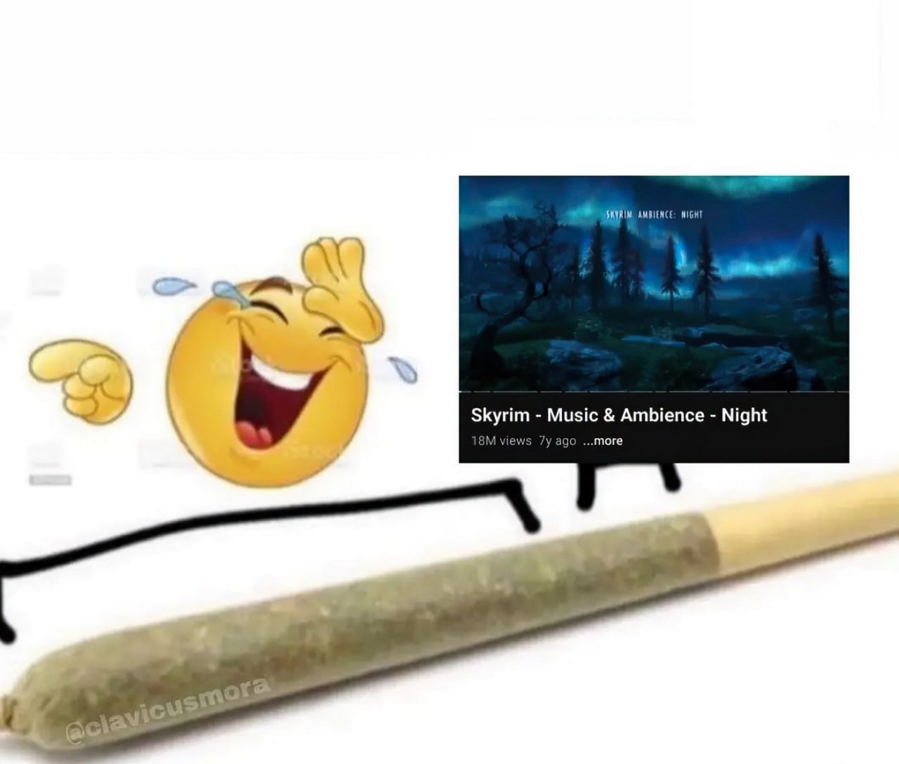 Скайрим музыка и атмосфера Мем со смеющимся эмодзи, которое смотрит на видео "Skyrim - Music & Ambiance - Night" и лежит на косяке