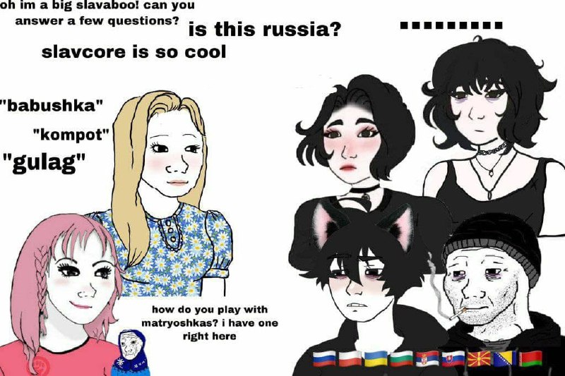 Славянские вопросы и настоящие славяне Мем про славянофилов, которые задают глупые вопросы о славянской культуре настоящим славянам.