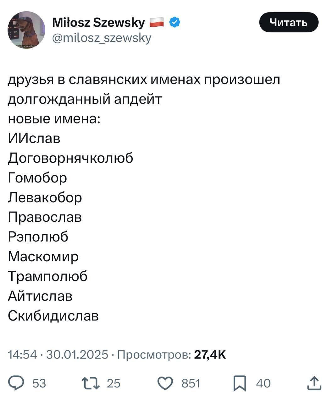 Долгожданный апдейт славянских имён Долгожданный апдейт славянских имён от Miłosz Szewski с новыми именами: ИИслав, Договорнячколюб, Гомобор, Левакобор, Православ, Рэполюб, Маскомир, Трамполюб, Айтислав, Скибидислав