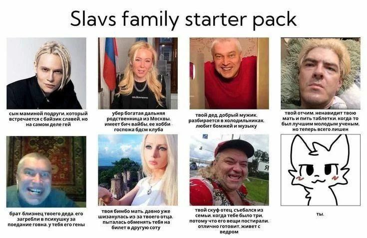 Slavs family starter pack Slavs family starter pack: сын маминой подруги, убер богатая родственница, добрый дедушка и другие персонажи