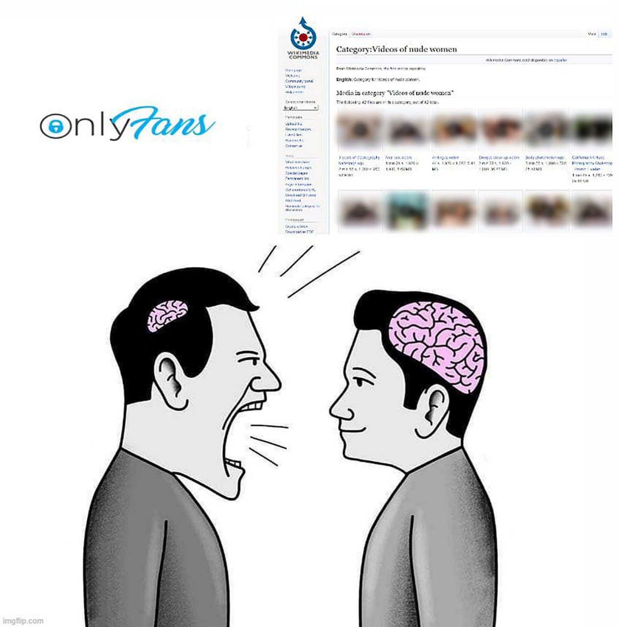 Маленький мозг кричит на большой мозг OnlyFans Wikimedia Commons Мем, где человек с маленьким мозгом кричит на человека с большим мозгом, демонстрируя OnlyFans и Wikimedia Commons.