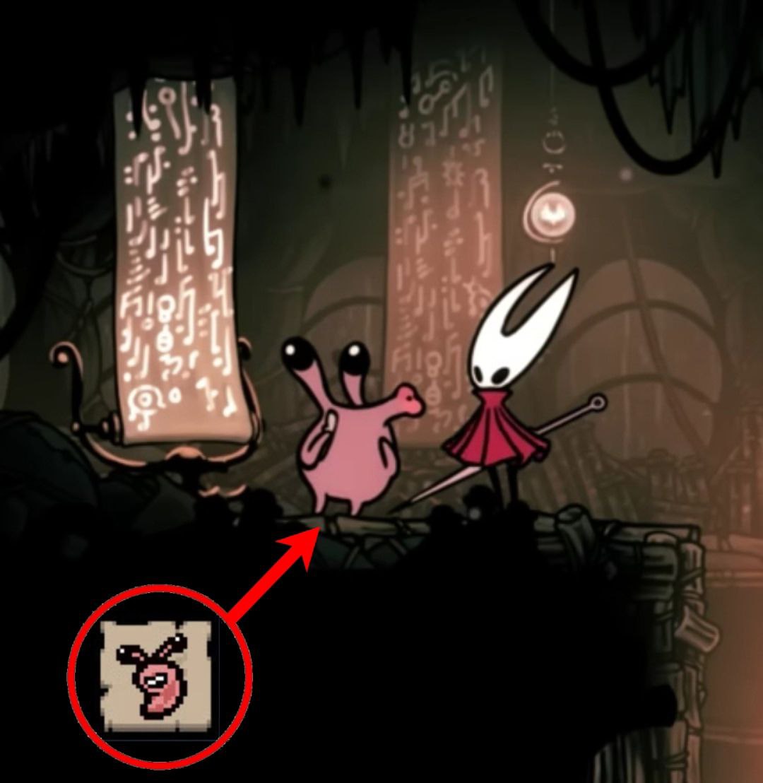 Улитка из The Binding of Isaac в Hollow Knight Улитка из The Binding of Isaac находится в игре Hollow Knight, стоя рядом с Хорнет, в правой нижней части изображения. Красная стрелка указывает на изображение улитки.