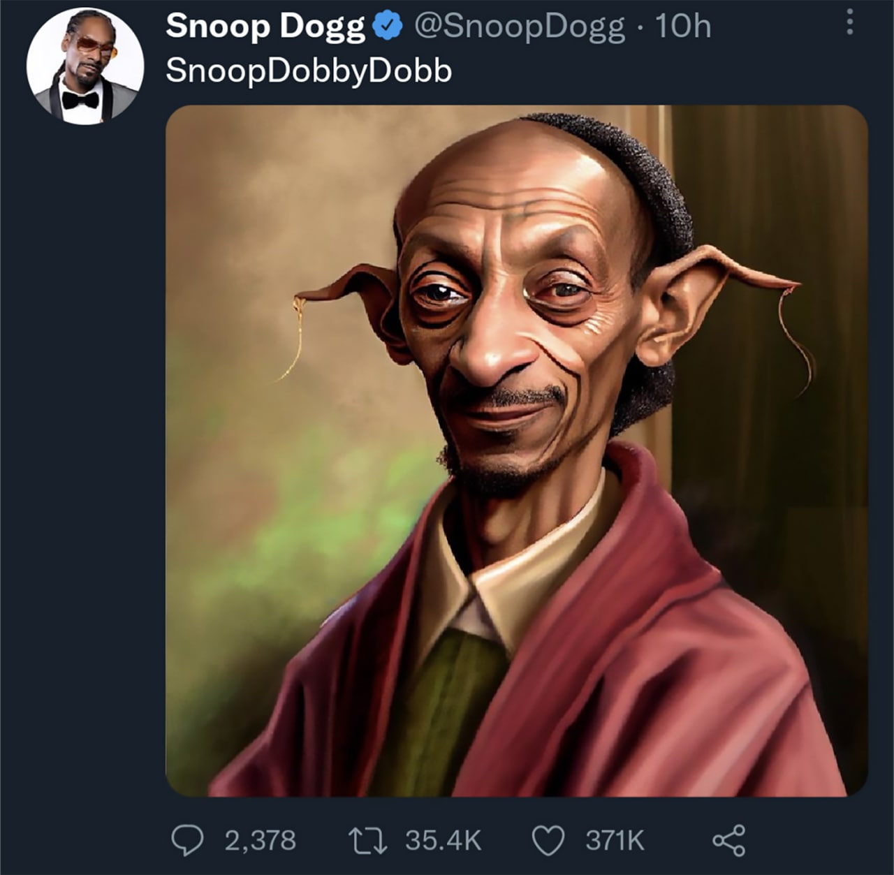 SnoopDobbyDobb Мем SnoopDobbyDobb, где Снуп Догг изображен как эльф Добби из Гарри Поттера