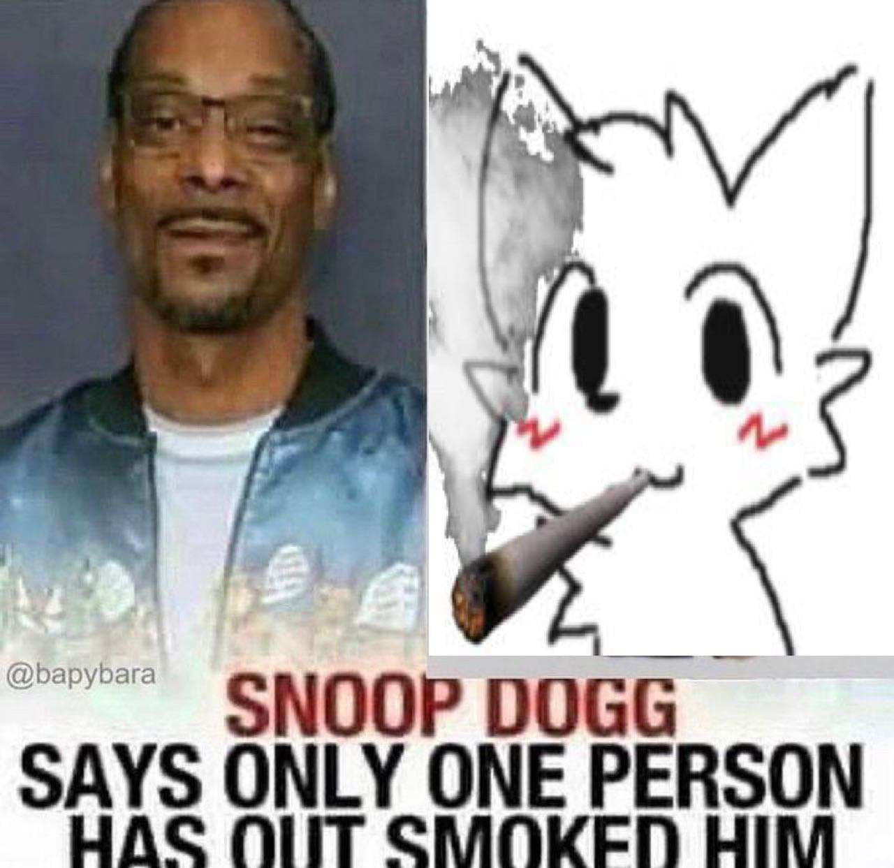 Snoop Dogg says only one person has out smoked him Мем с изображением Снуп Догга и персонажа, курящего косяк. Внизу надпись: "Snoop Dogg says only one person has out smoked him" (Снуп Догг говорит, что только один человек перекурил его).