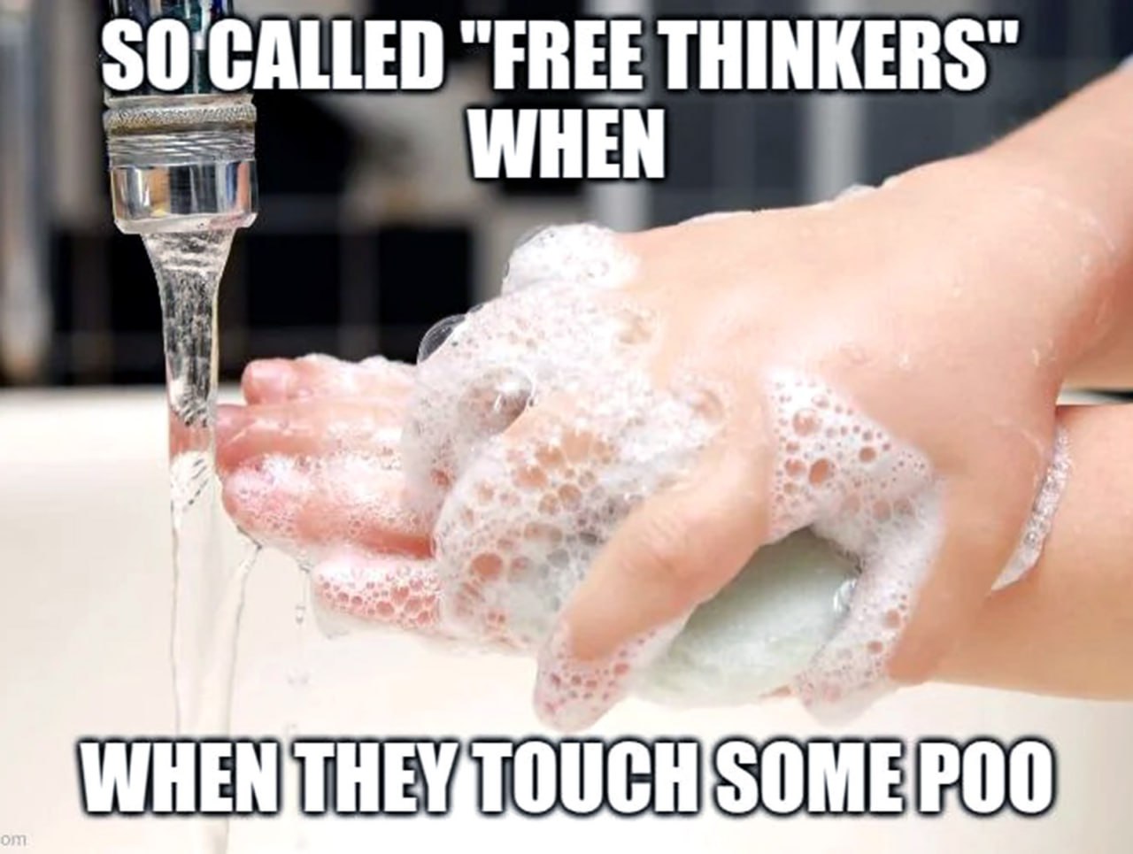 So called "free thinkers" when Мем, где человек моет руки с мылом под струей воды, а надпись гласит: «Так называемые «свободные мыслители», когда они прикасаются к какашке».