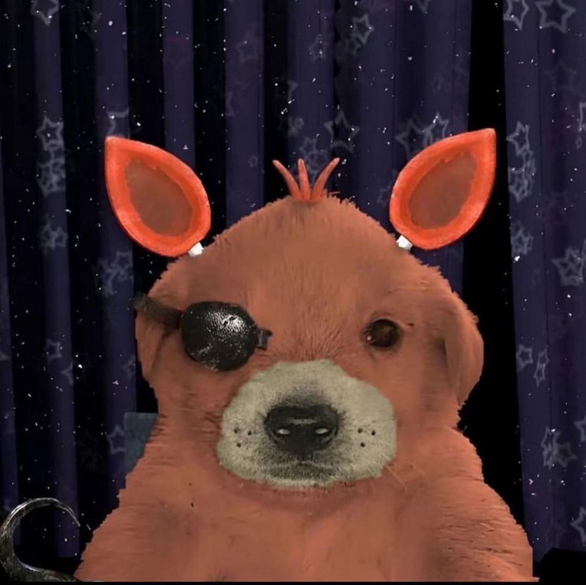 Собака Фокси Фотошоп собаки, похожей на Фокси из FNaF, с пиратской повязкой и лисьими ушами на синем фоне со звездами