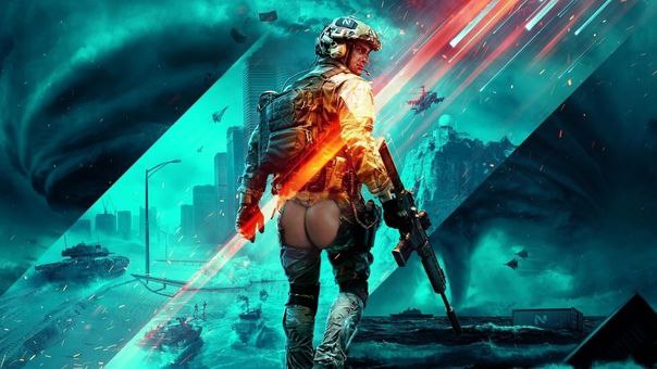 Солдат Battlefield 2042 с голой попой Мем с солдатом из Battlefield 2042, у которого видны ягодицы, на фоне разрушенного города и торнадо.