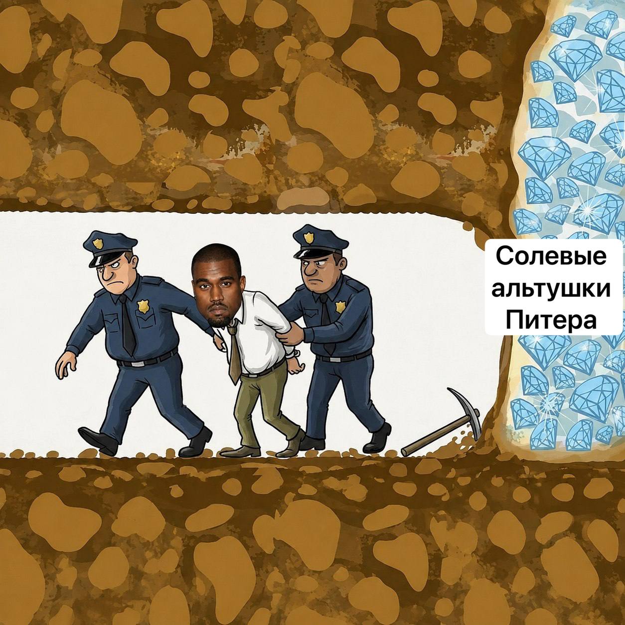 Двое полицейских ведут задержанного мужчину с лицом Канье Уэста, рядом подпись «Солевые альтушки Питера».
