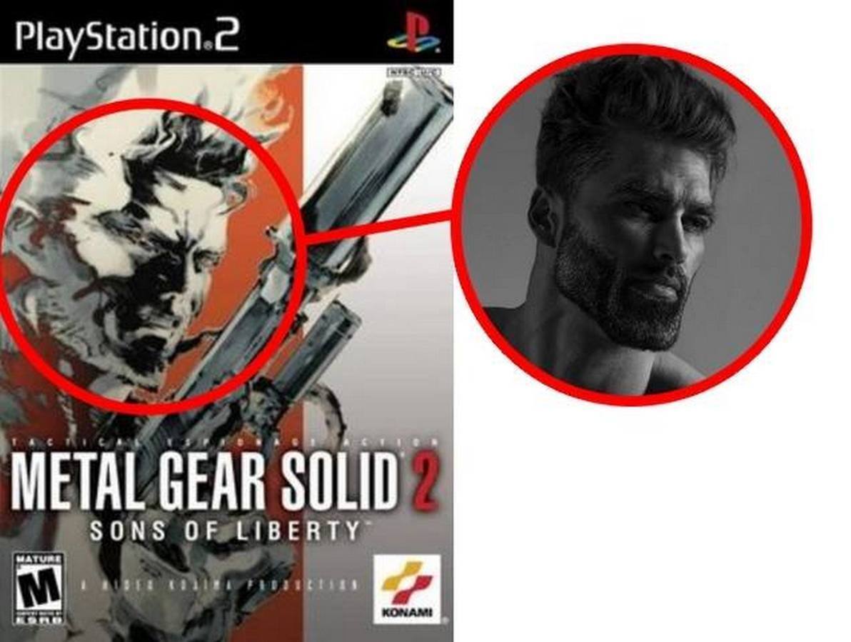 Солид Снейк и Гигачад Обложка игры Metal Gear Solid 2 и Гигачад
