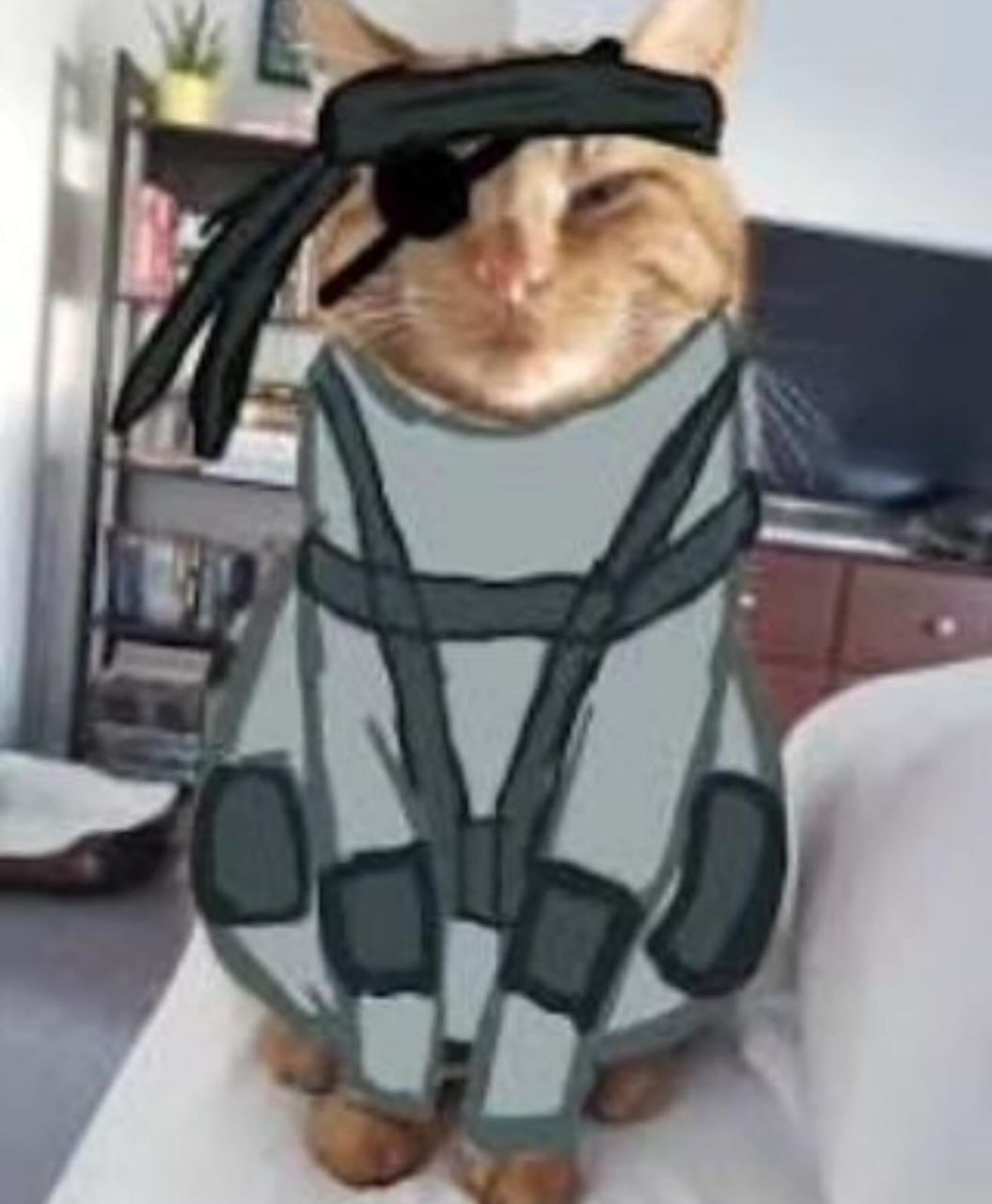 Кот Солид Снейк Рыжий кот в нарисованном костюме Солида Снейка из игры Metal Gear Solid с повязкой на глазу.