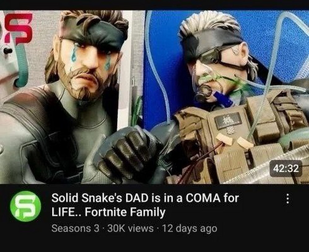Solid Snake’s DAD is in a COMA for LIFE Мем с надписью Solid Snake’s DAD is in a COMA for LIFE.. Fortnite Family