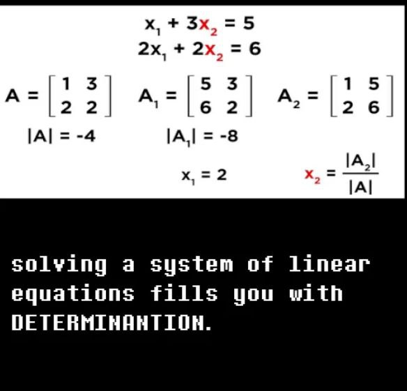 Solving a system of linear equations fills you with DETERMINANTION Решение системы линейных уравнений наполняет вас решимостью.