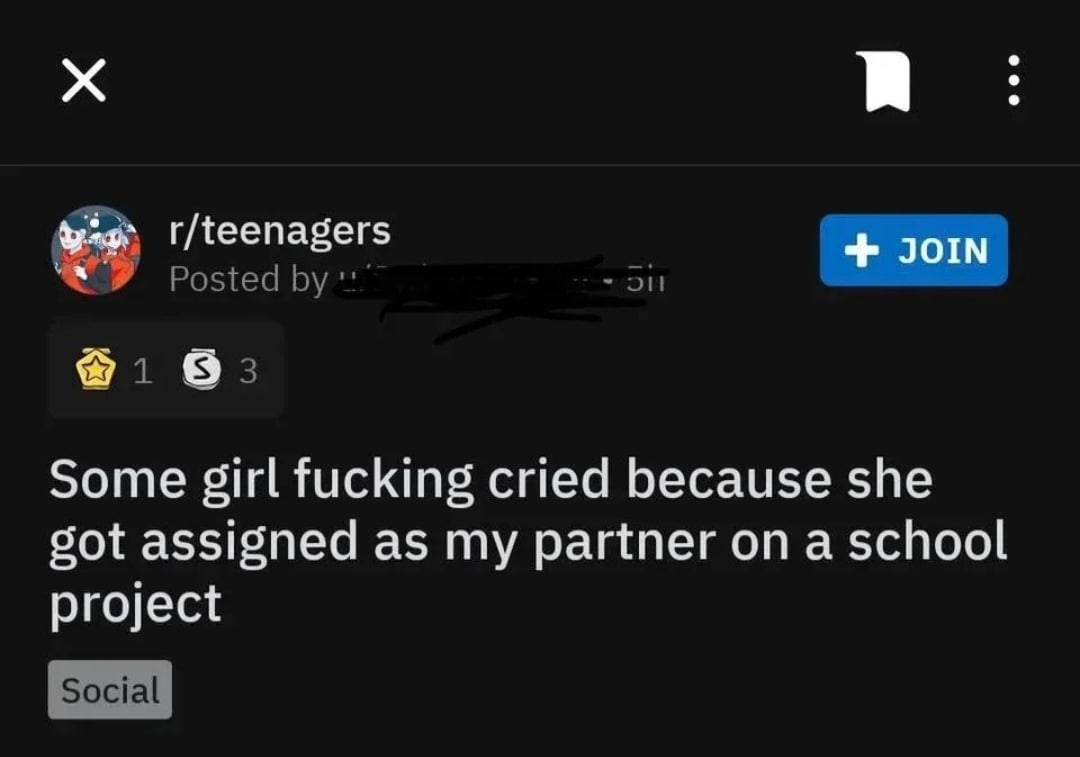 Some girl fucking cried because she got assigned as my partner on a school project Девушка расплакалась, потому что ей назначили меня в партнёры по школьному проекту