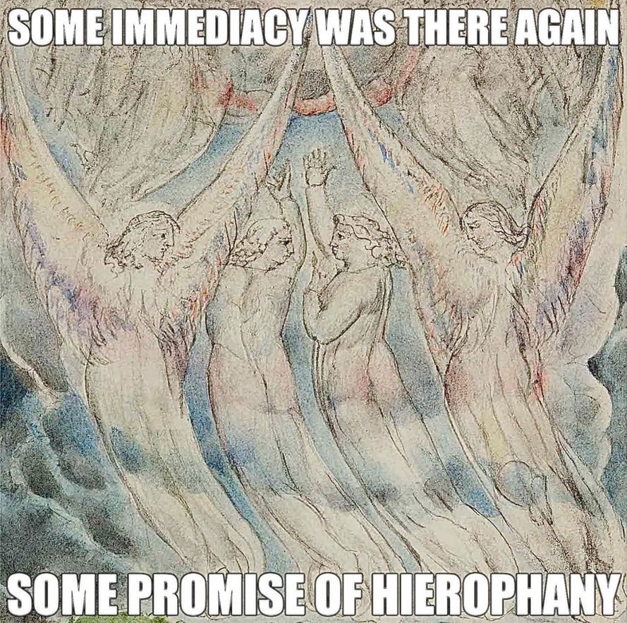 Мистическая сцена с фигурами, тянущимися к небесам, и подписью «Some promise of hierophany» — «Какое-то обещание иерофании».