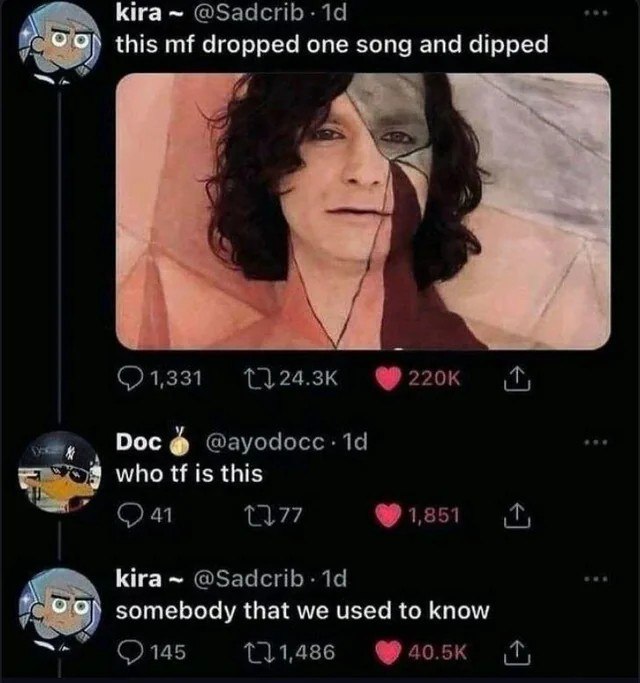 Somebody That We Used to Know Gotye Мем про Gotye и его песню Somebody That I Used to Know, где пользователь спрашивает, кто это, а другой отвечает «Тот, кого мы когда-то знали».