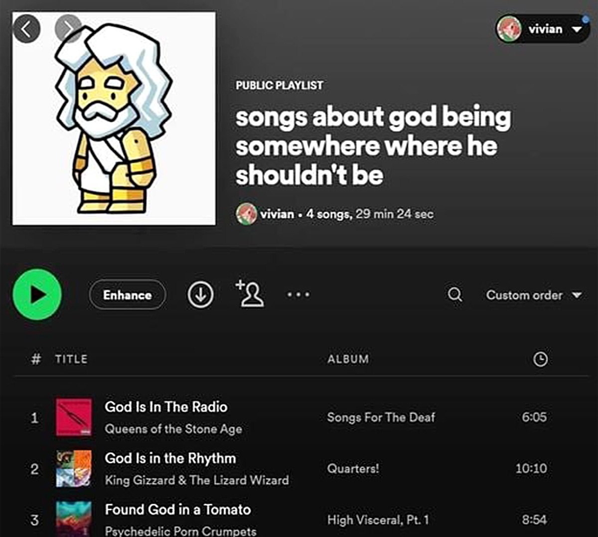 Songs about god being somewhere where he shouldn't be Плейлист Spotify под названием «Песни о том, что Бог находится там, где ему не место», с миниатюрным изображением Бога в мультяшном стиле.