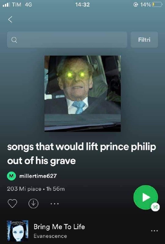 Songs that would lift prince philip out of his grave Плейлист "Песни, которые подняли бы принца Филиппа из его могилы" со светящимися глазами на обложке.