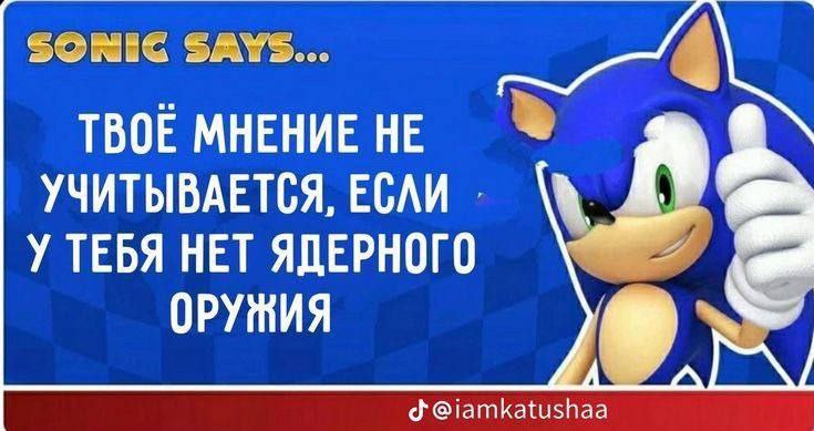 Твоё мнение не учитывается, если у тебя нет ядерного оружия Мем с Соником, говорящим, что ваше мнение не учитывается без ядерного оружия