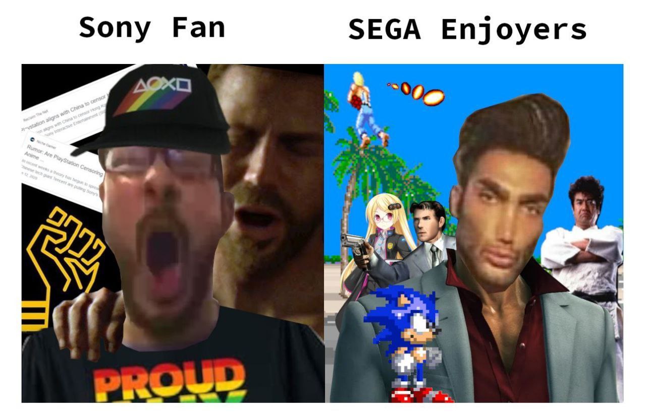 Фанаты Sony и SEGA Мем, сравнивающий стереотипных фанатов Sony с ценящими SEGA