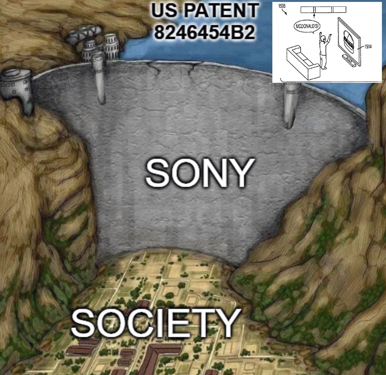 Sony society dam Громадная плотина под названием «Sony» защищает общество от патента США 8246454B2 с надписью «McDonald's!»