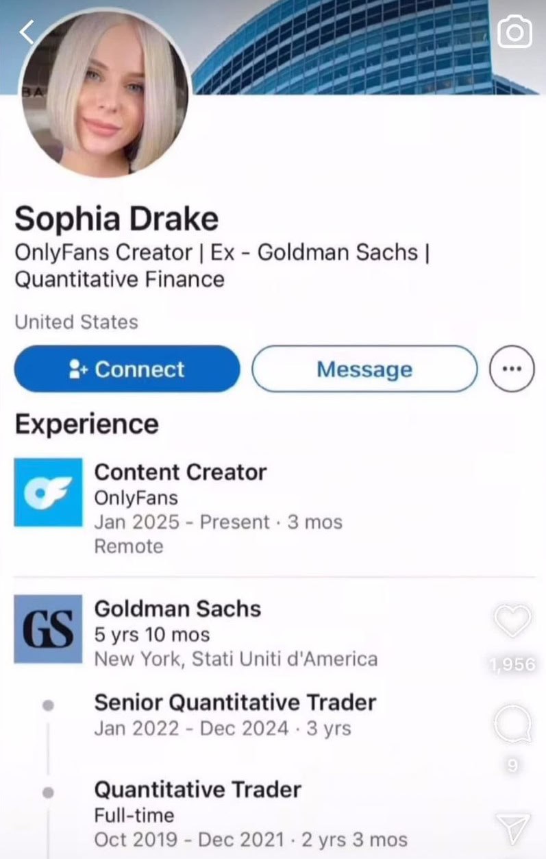 Sophia Drake OnlyFans Creator Ex Goldman Sachs Скриншот профиля LinkedIn Софии Дрейк, где она указана как OnlyFans Creator и бывший сотрудник Goldman Sachs, количественный финансист.
