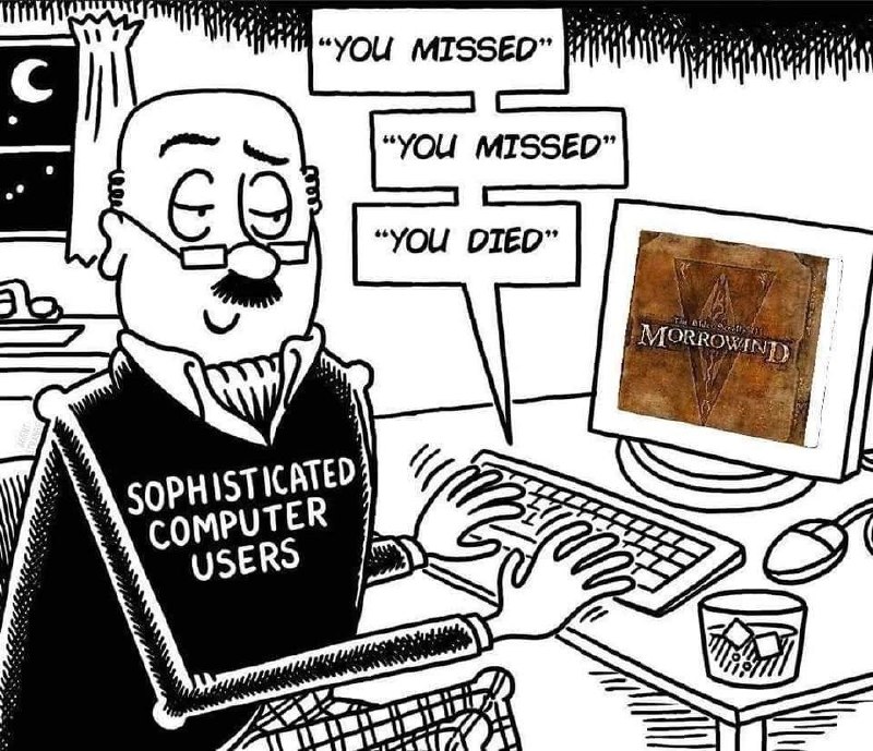 Опытные пользователи компьютеров и Morrowind Мужчина, называющий себя "опытным компьютерным пользователем", спокойно играет в Morrowind, несмотря на частые промахи и смерть в игре.