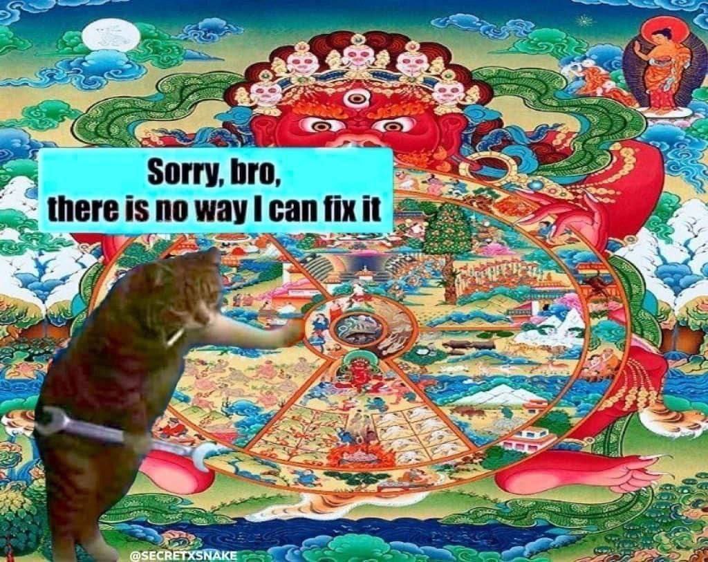 Sorry, bro, there is no way I can fix it Кот механик с гаечным ключом чинит колесо Сансары и говорит, что это невозможно исправить.