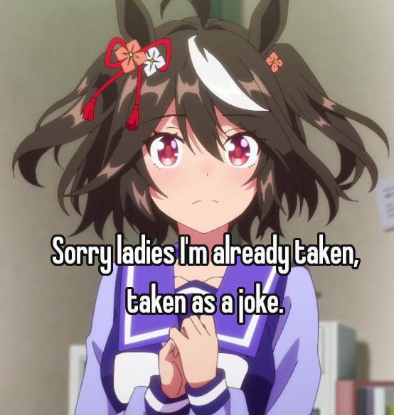 Аниме-девушка с серьёзным выражением лица говорит: «Sorry ladies I'm already taken, taken as a joke»