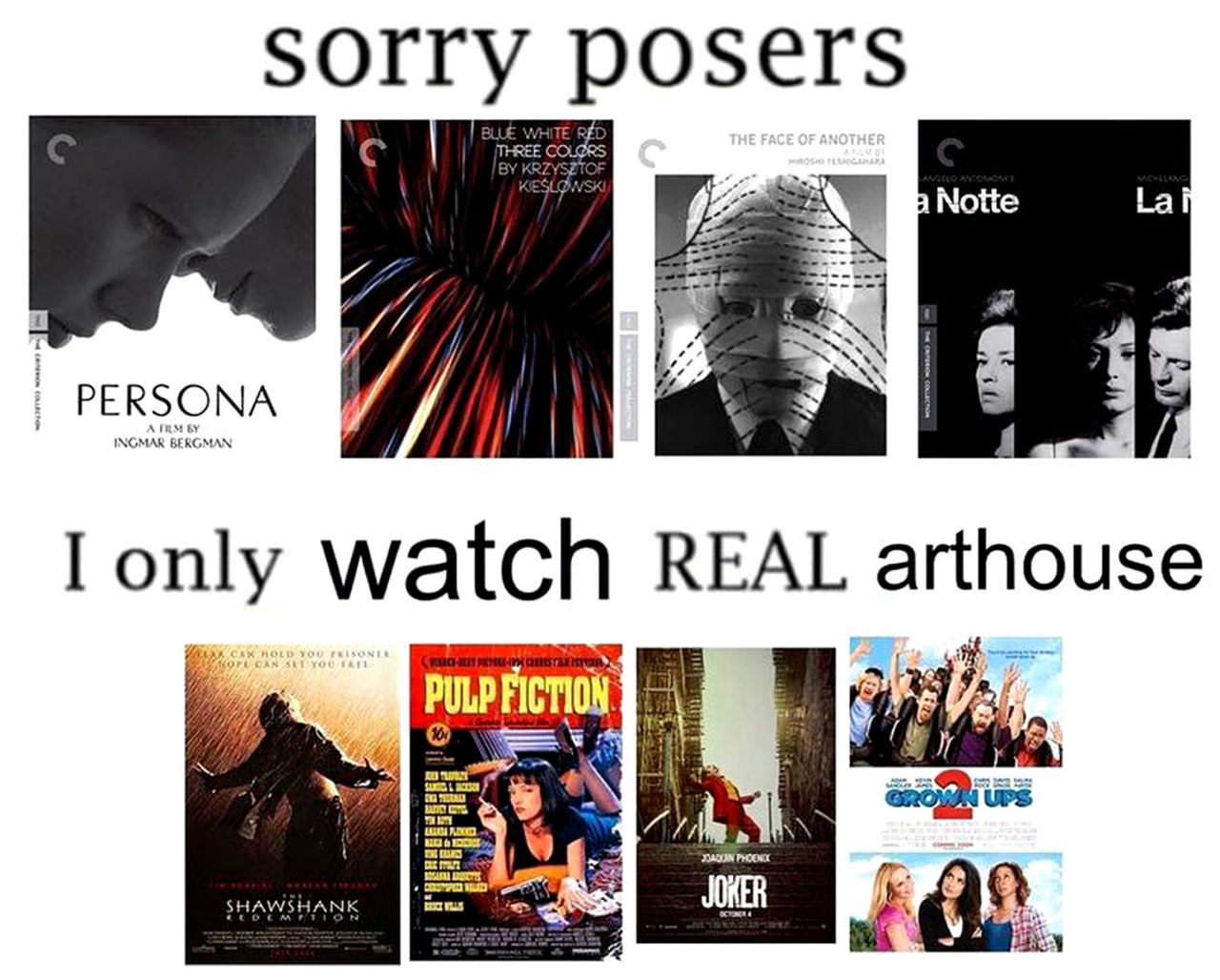 Sorry posers, I only watch REAL arthouse Мем, где надпись «Sorry posers, I only watch REAL arthouse» расположена над и под двумя рядами постеров фильмов. Верхний ряд демонстрирует обложки артхаусных фильмов, а нижний — обложки популярных мейнстримных фильмов.