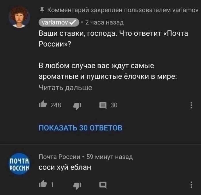 Соси хуй еблан Мем с комментарием "Соси хуй еблан" от "Почты России" на запрос Варламова о прогнозе ответа.
