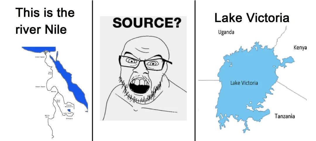 SOURCE? Карта Нила и озера Виктория Мем с картами Нила и озера Виктория, между которыми находится лицо злого лысого человека в очках, кричащего «SOURCE?».