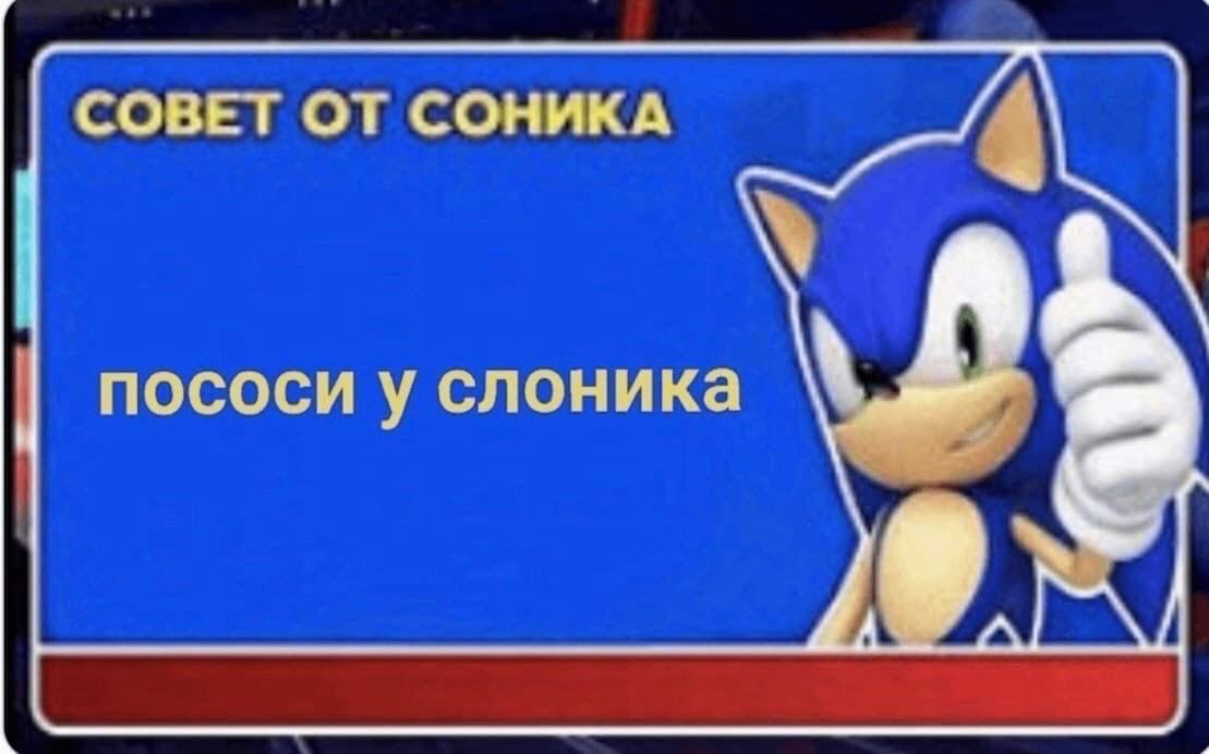 Совет от Соника пососи у слоника Мем с Соником, который даёт необычный совет: "пососи у слоника", показывая большой палец вверх.