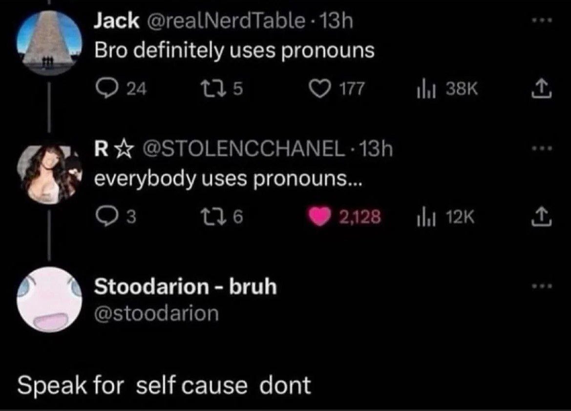 Speak for self cause don't Мем, где пользователь Stoodarion - bruh говорит: "Speak for self cause don't" в ответ на фразу "everybody uses pronouns..."