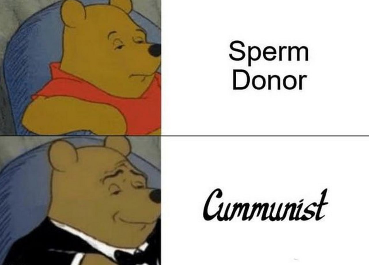 Sperm Donor Cummunist Мем с двумя изображениями Винни-Пуха, который на верхнем изображении смотрит неодобрительно на слова "Sperm Donor", а на нижнем изображении смотрит одобрительно, будучи одетым в смокинг, на слово "Cummunist".