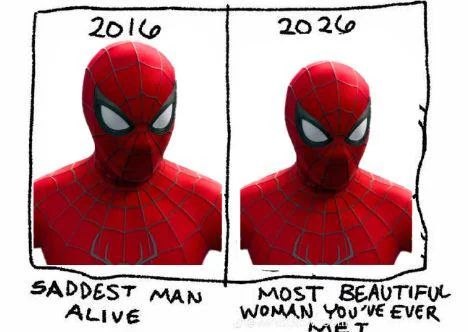 Сравнение Spider-Man в 2016 и 2026 годах: слева «Saddest man alive», справа «Most beautiful woman you've ever met».