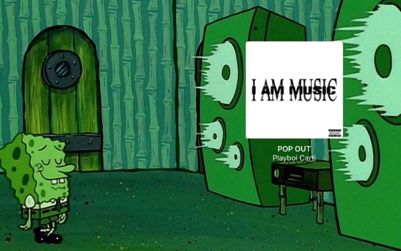 Губка Боб и альбом I AM MUSIC Мем с Губкой Бобом, который слушает альбом "I AM MUSIC" и наслаждается громкой музыкой.