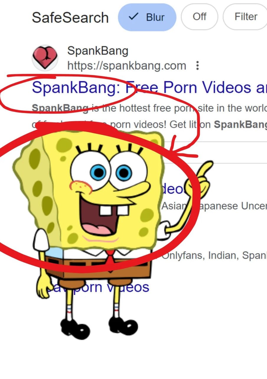 Спанч Боб и СпанБанг Спанч Боб указывает пальцем на ссылку SpankBang в результатах поиска Google, вокруг которых нарисованы красные круги.