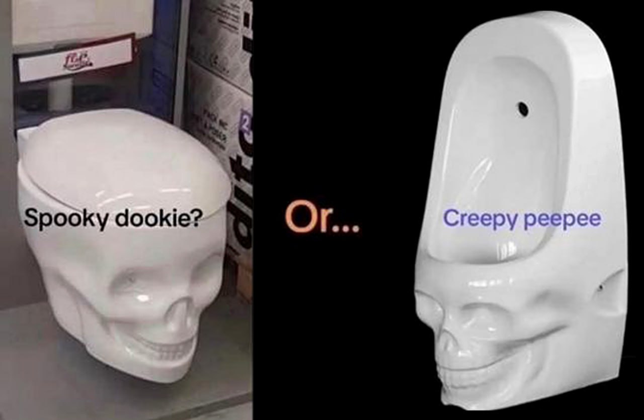 Spooky dookie? Creepy peepee Унитаз и писсуар в форме черепа, подписи под ними: «Spooky dookie?» и «Creepy peepee»