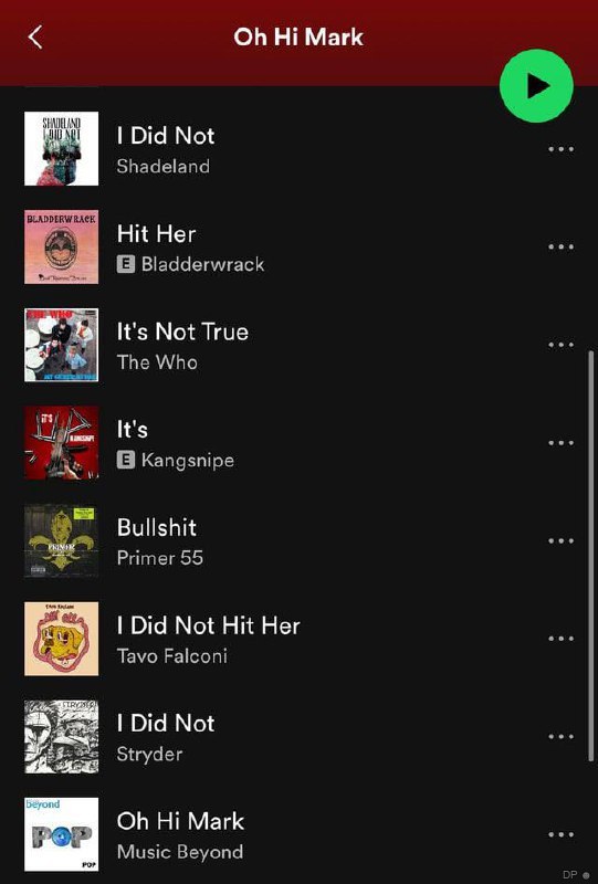 Плейлист Spotify Oh Hi Mark Плейлист Spotify с песнями, которые складываются во фразу «I did not hit her, it's not true, it's bullshit. I did not. Oh hi Mark»