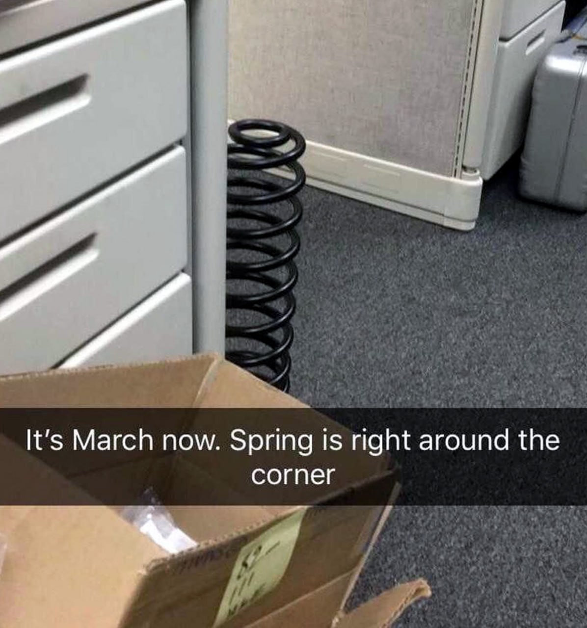 Spring is right around the corner Мем про то, как пружина стоит за углом, иллюстрирующий фразу «весна не за горами»