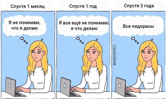 Спустя 3 года, все пидорасы Мем с девушкой, которая работает за ноутбуком и с течением времени думает от "Я не понимаю, что я делаю" до "Все пидорасы"