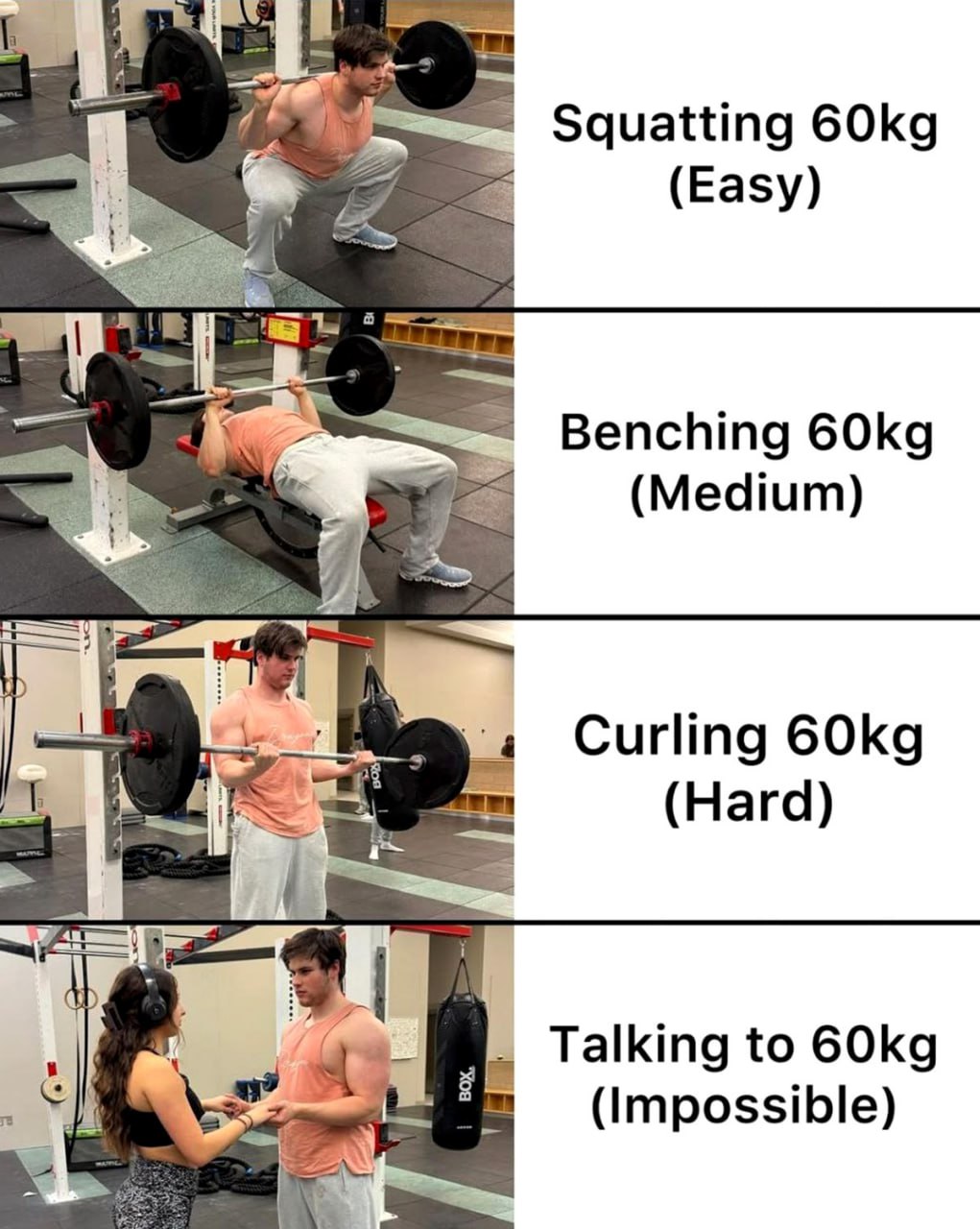 Squatting 60kg Easy Talking to 60kg Impossible Мужчина показывает, как разные упражнения с 60 кг отличаются по сложности, а затем показывает, что разговор с женщиной гораздо сложнее, чем любой вес