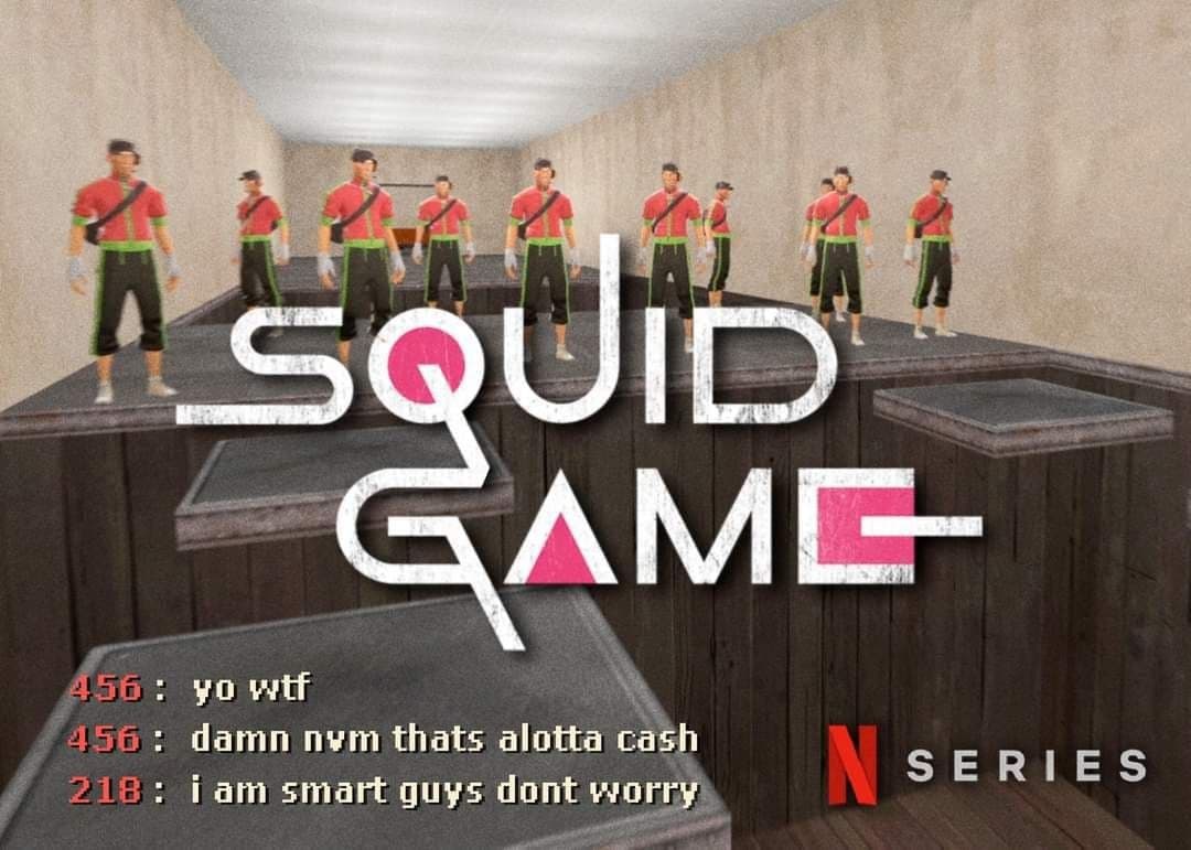 Игра в кальмара с персонажами из Team Fortress 2 Кадры из игры "SQUID GAME" с персонажами из "Team Fortress 2" в красной и зеленой униформе на деревянной платформе с надписью "Squid Game" и чатом из "Minecraft".