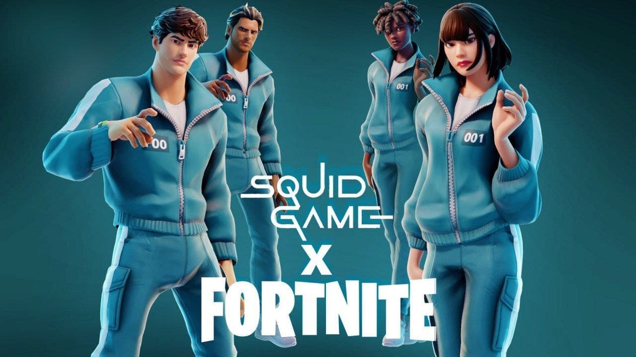 Squid Game x Fortnite Персонажи Fortnite в бирюзовых костюмах игроков из «Игры в кальмара» на фоне анонса коллаборации «Squid Game x Fortnite».