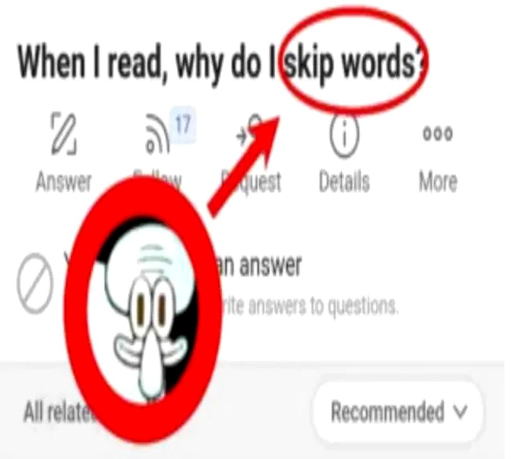 Сквидвард указывает на skip words Мем, где вопрос «Почему я пропускаю слова, когда читаю?» обведен, а Сквидвард показывает на слово «пропускаю»